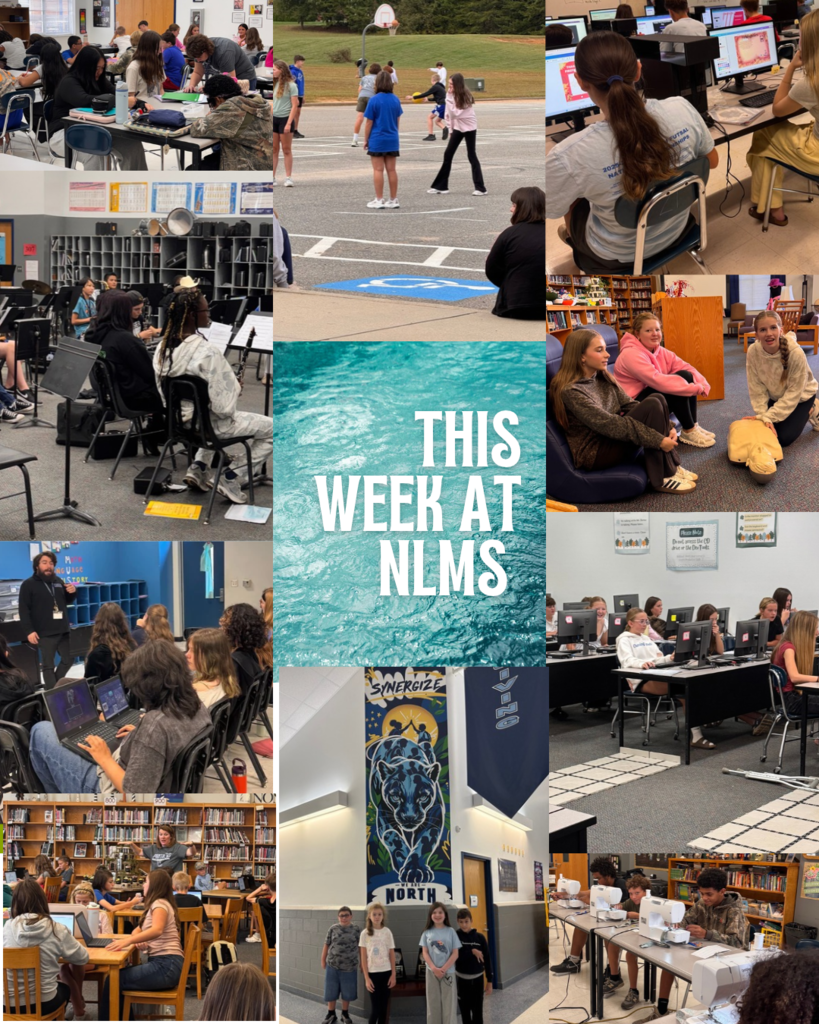Collage of students in different school settings, some sitting, some standing, and some walking. Text reads "This Week at NLMS."