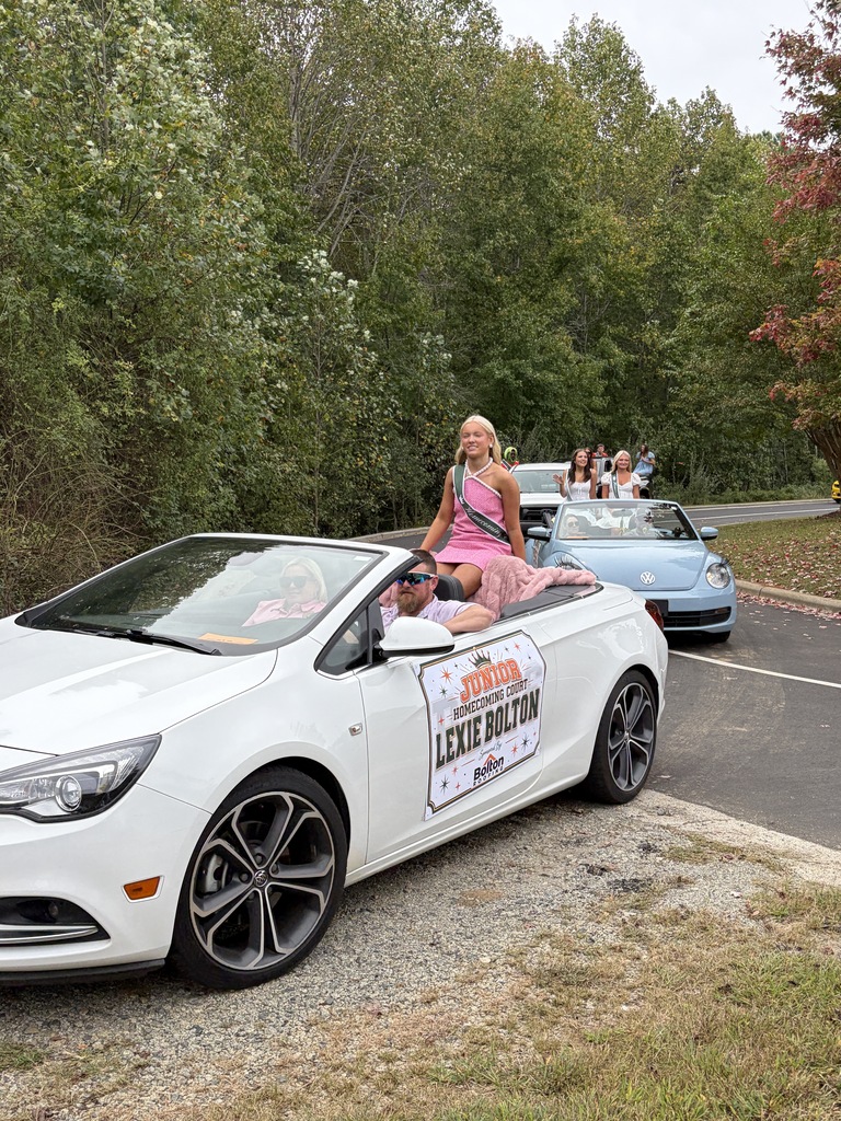 A convertible car with a woman on the back rides on a road. Trees and another car in the background.