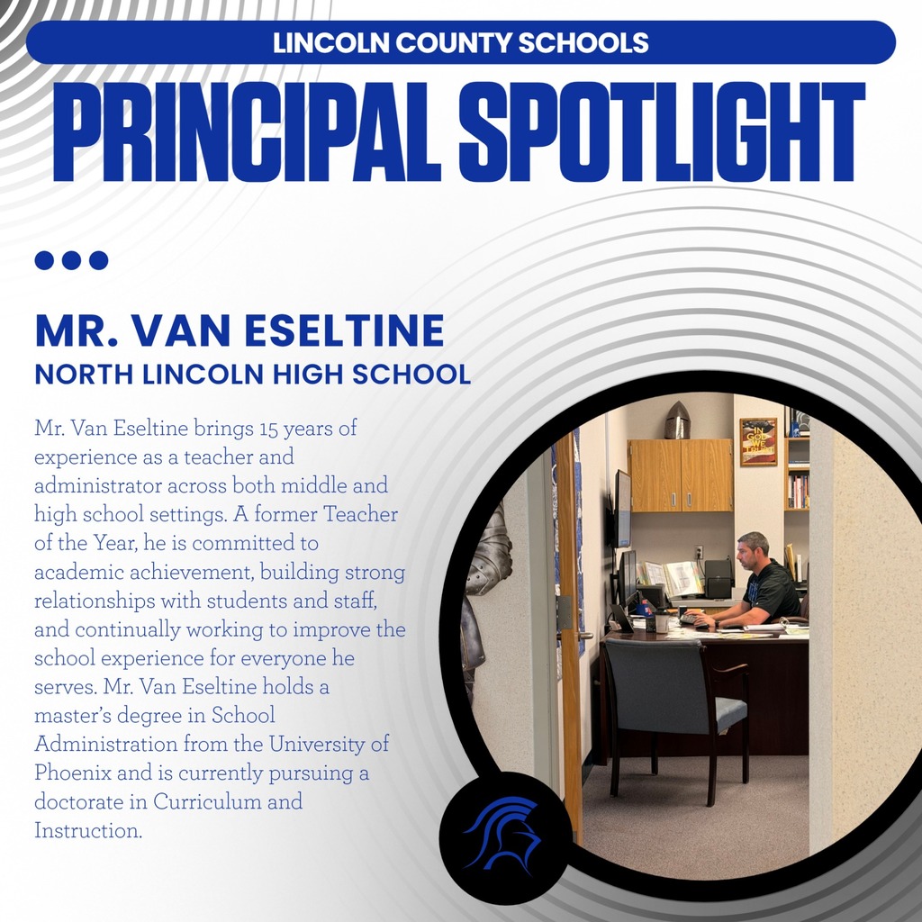 An advertisement features a man at a desk with a Lincoln County Schools banner. It reads, "Principal Spotlight: Mr. Van Eseltine, North Lincoln High School."