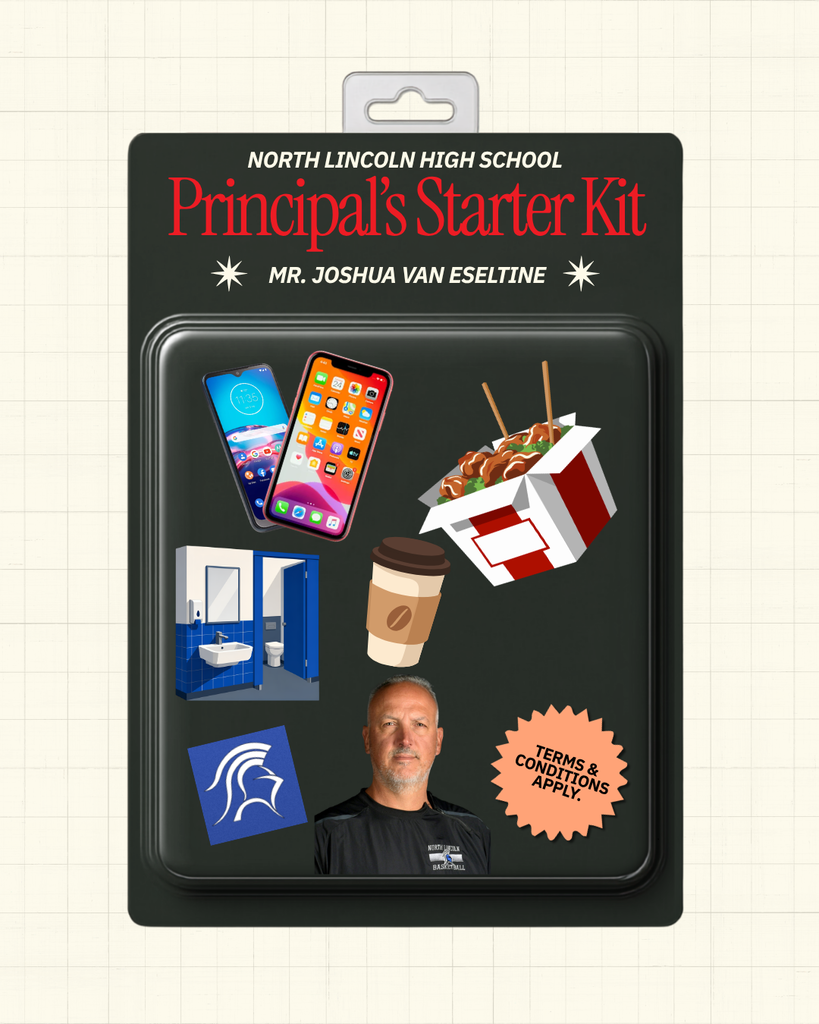 Black starter kit with a man, phone, coffee, food, and other objects on a white graph background.