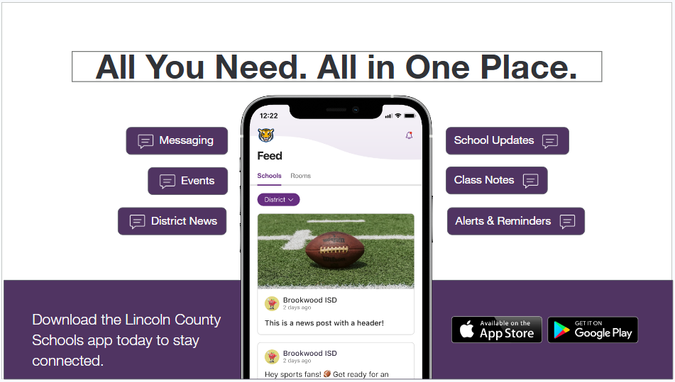 A phone displays a school app interface with icons for messaging, feed, events, and district news.