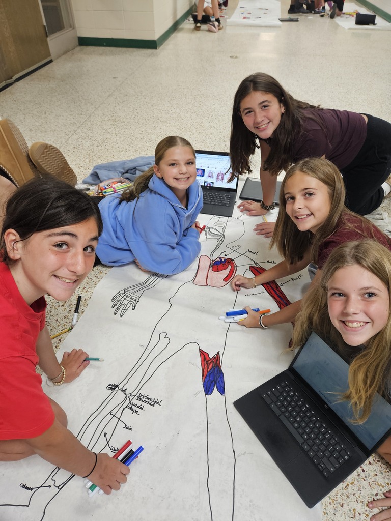 Students draw a human body diagram on a large sheet of paper with a laptop and markers.