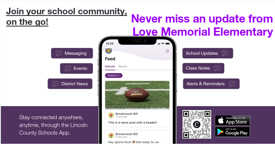 Phone displaying Lincoln County Schools App with icons for messaging, events, food, district news, school updates, class notes, alerts, reminders.