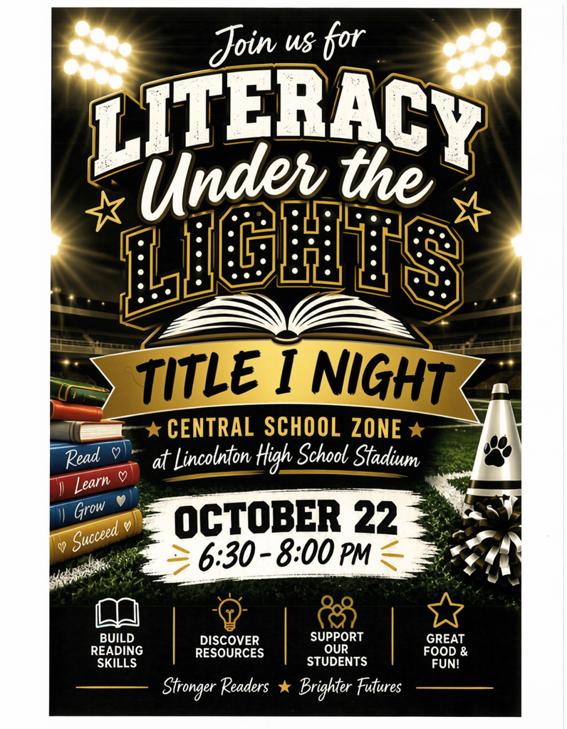 Poster features a stadium backdrop with lights. Centered is a title: "Literacy Under the Lights." Below, "Title I Night" is highlighted. On the left, books and a ribbon.