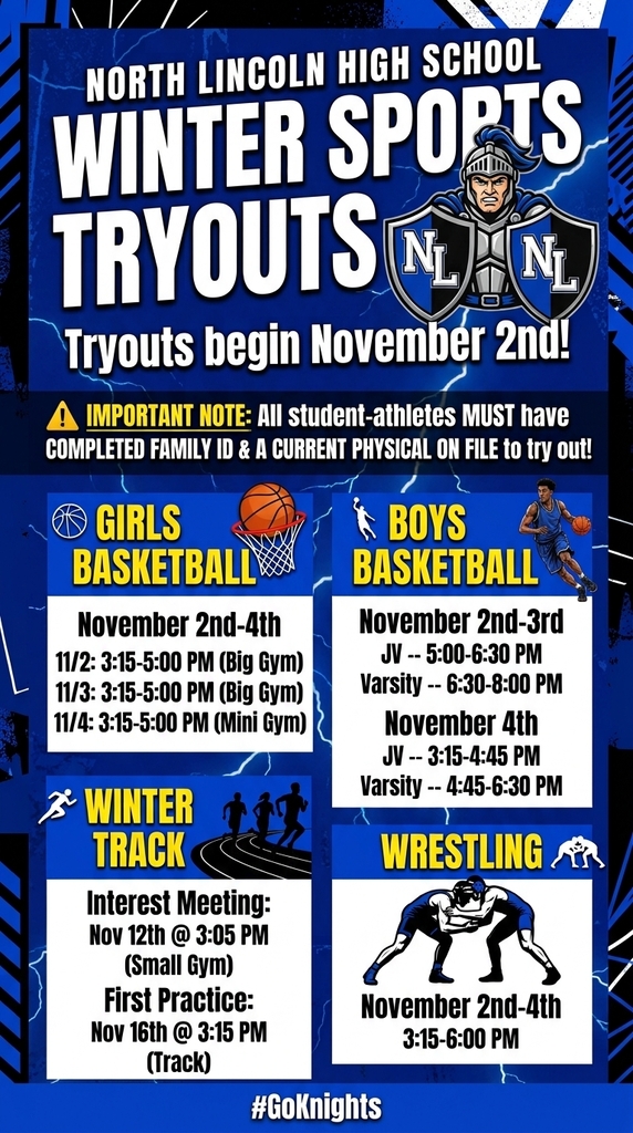 A poster advertises North Lincoln High School winter sports tryouts, highlighting dates and times for basketball, track, and wrestling events.