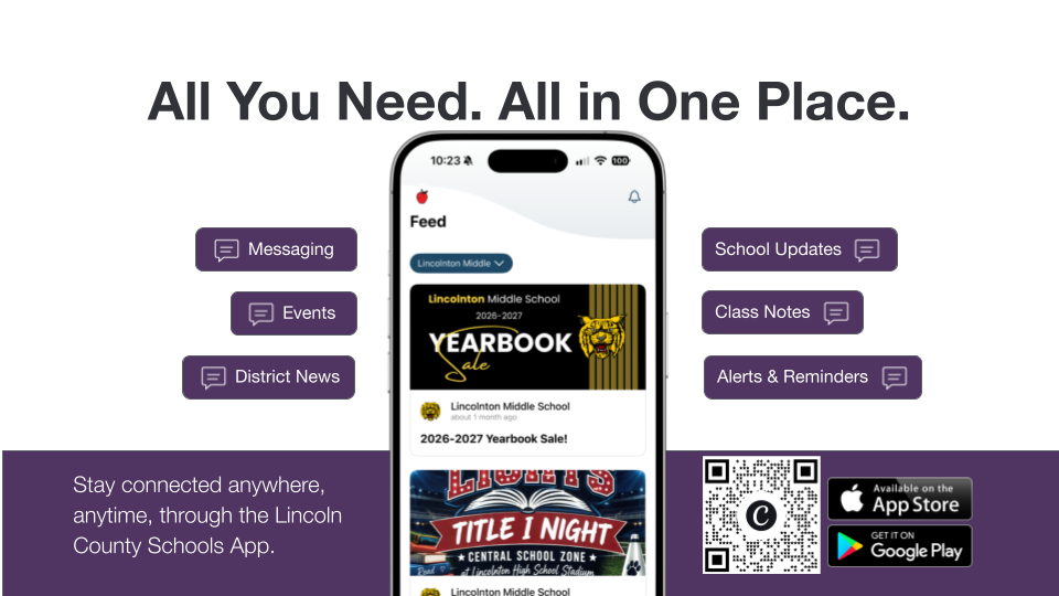 A phone screen shows the Lincoln County Schools App with tabs for Feed, Events, District News, and more.