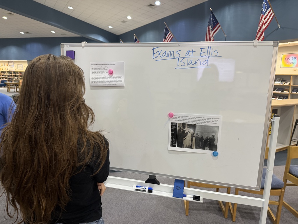 A student views a white board with text and a picture pinned to it. Flags hang on a wall behind them.