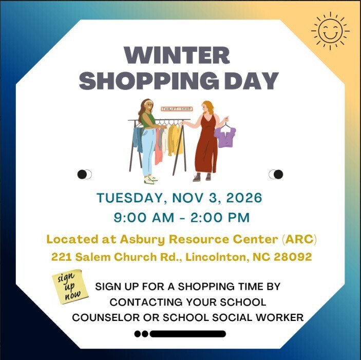 Poster for Winter Shopping Day event, showing two women holding clothing. Date: November 3, 2026, 9:00 AM to 2:00 PM. Location: Asbury Resource Center, Lincolnton, NC.