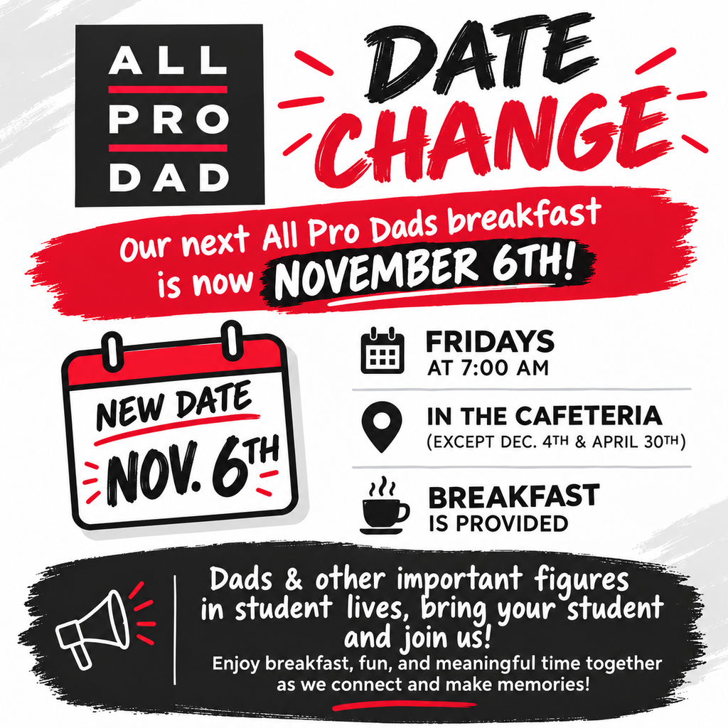 Poster with black, red, and white colors announces new date for All Pro Dads breakfast. New date is November 6th.