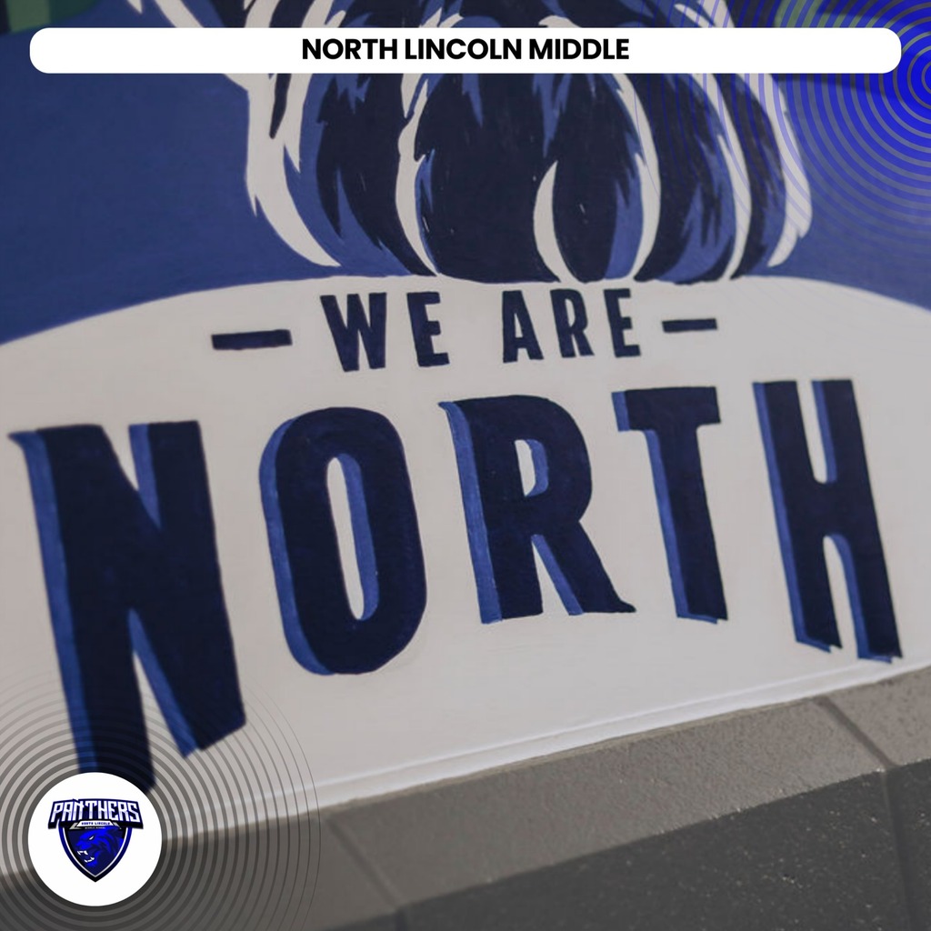 A blue and white sign with white hair above the words "We Are North" in bold letters.