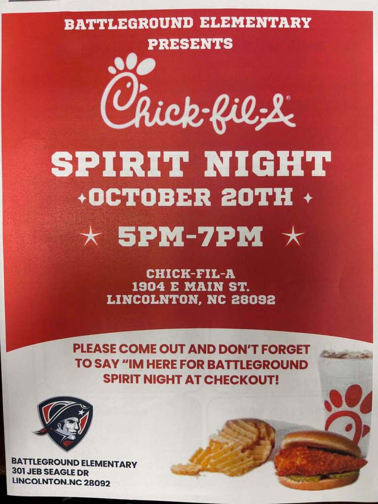Poster for Battleground Elementary Spirit Night at Chick-fil-A. Event date: October 20th, 5-7 PM. Address: 1904 E Main St, Lincolnton, NC 28092.
