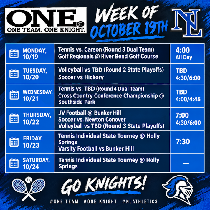 Blue background with white text displays "Week of October 19th." Schedule lists sports events from Monday to Saturday, including dates, times, and locations.