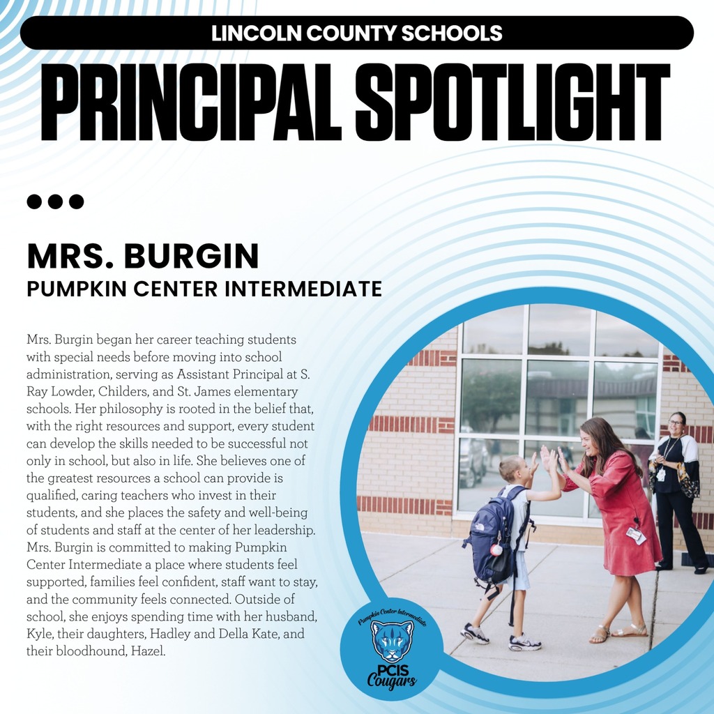 A poster shows a principal, Mrs. Burgin, greeting a student in a school setting.