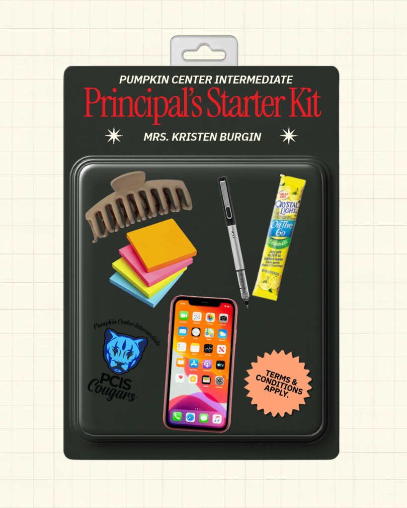 Kit with items such as a smartphone, pen, sticky notes, and a hairbrush. On a white background.
