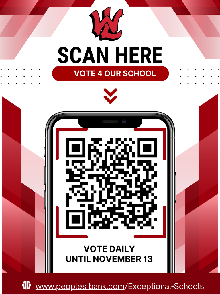 Flyer with red and white geometric designs featuring a West Lincoln logo at the top center. Text reads: SCAN HERE, VOTE 4 OUR SCHOOL, accompanied by downward pointing arrows above a smartphone screen displaying a QR code. Below the QR code, text reads: VOTE DAILY UNTIL NOVEMBER 13. At the bottom, a website link is displayed: www.peoples bank.com/Exceptional-Schools.