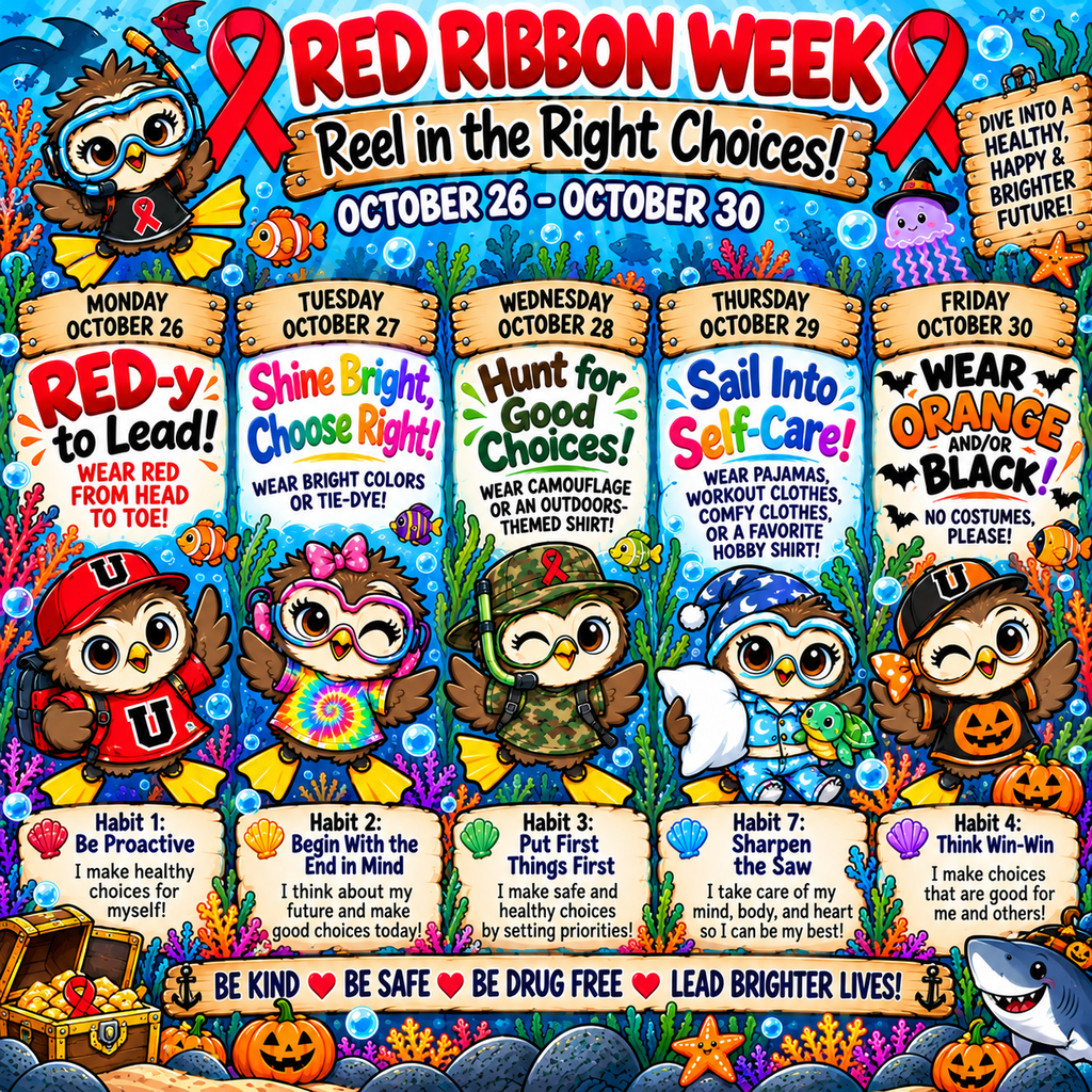 Multi-colored poster with cartoon characters, text, and symbols, including an owl, shark, and pumpkin.