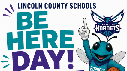 A poster with a bee mascot in a blue uniform holding a basketball, pointing, and words "Be Here Day!"
