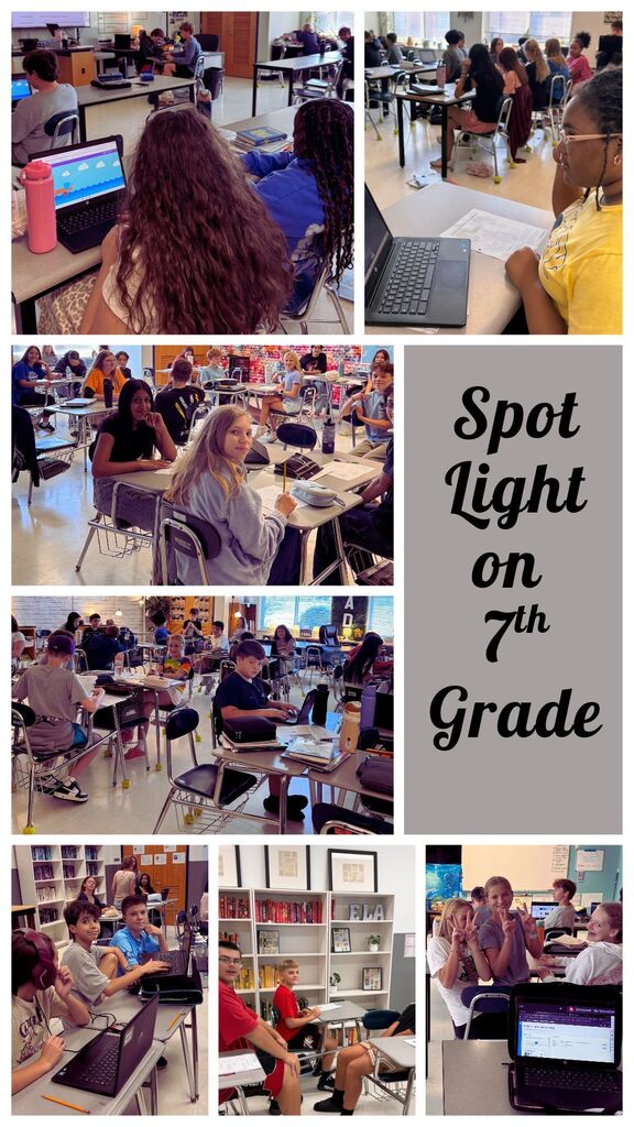 Multiple photos of students in a classroom setting using laptops. Some students are sitting, others are standing.
