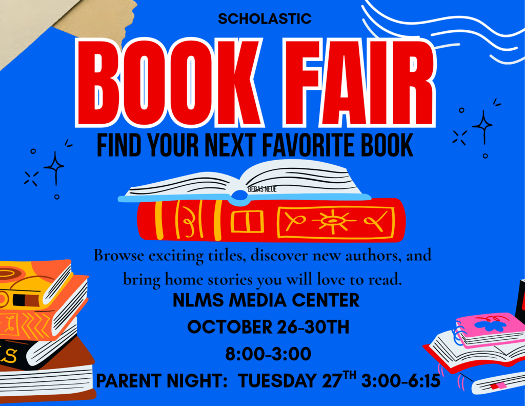 Poster with "BOOK FAIR" in red. Books stacked on a blue background. Text reads "FIND YOUR NEXT FAVORITE BOOK".