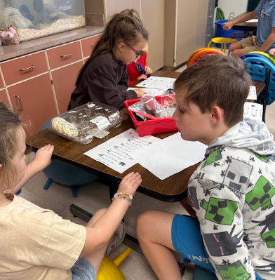 Three students seated at a table, one girl in glasses, two boys in front of papers and plastic bag.