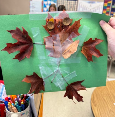 Person holding a green paper with leaves attached to it. Paper has leaves arranged in pattern and taped to it.