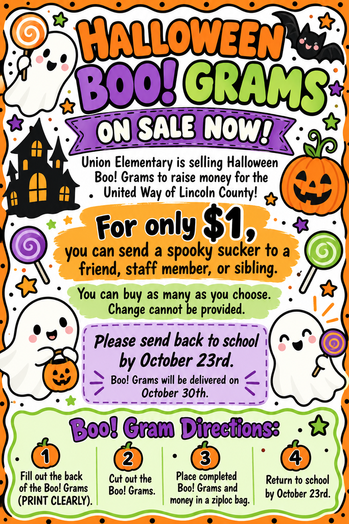 A Halloween poster with ghosts, pumpkins, and bats. Text reads "Halloween Boo! Grams on sale now!" A submission form and directions for sending treats.