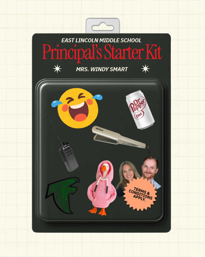 Black-bordered package displays a starter kit for Principal Windy Smart with stickers of a smiley face, drink can, radio, flat iron, bird, family and terms & conditions.