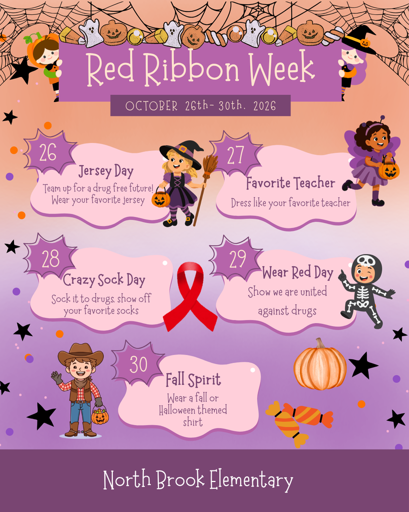 Calendar with a list of events and dates for Red Ribbon Week from October 26th to October 30th.