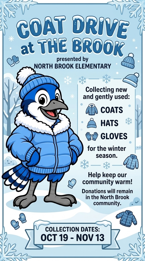 Blue background with snowflakes. A cartoon bird in a blue coat with a list of items to donate.