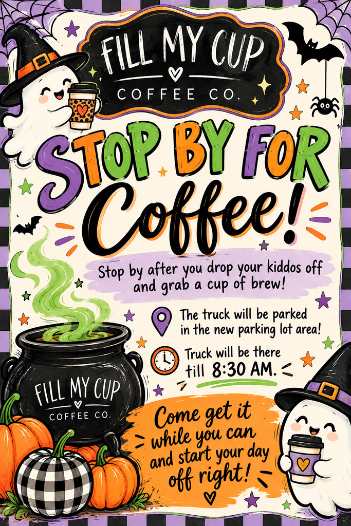 A poster with pumpkins, bats, and witches. A snowman holds a cup. A witch holds a steaming cup.