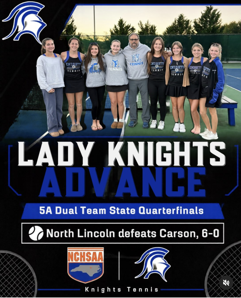 Eight students, a coach, and a tennis court, with a large text that reads "Lady Knights Advance".