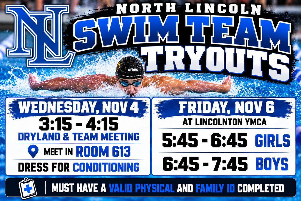 Swimmer with cap and goggles swimming in pool. Schedule details for North Lincoln swim team tryouts.