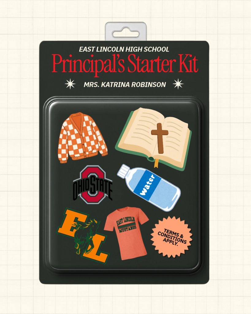 Black plastic package contains stickers: an open book, a cross, a water bottle, a shirt, a robe, and a logo.