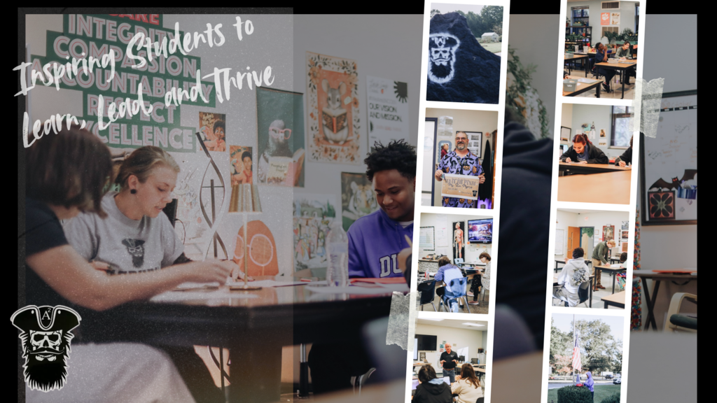 A collage of students engaged in different activities; three seated at a table, others in various settings.