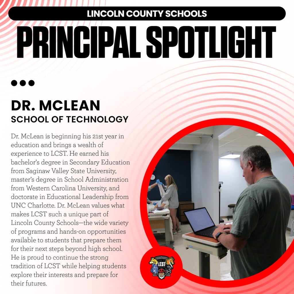 Advertisement for Principal Spotlight features Dr. McLean standing at a desk with a laptop, with a red circle around him.