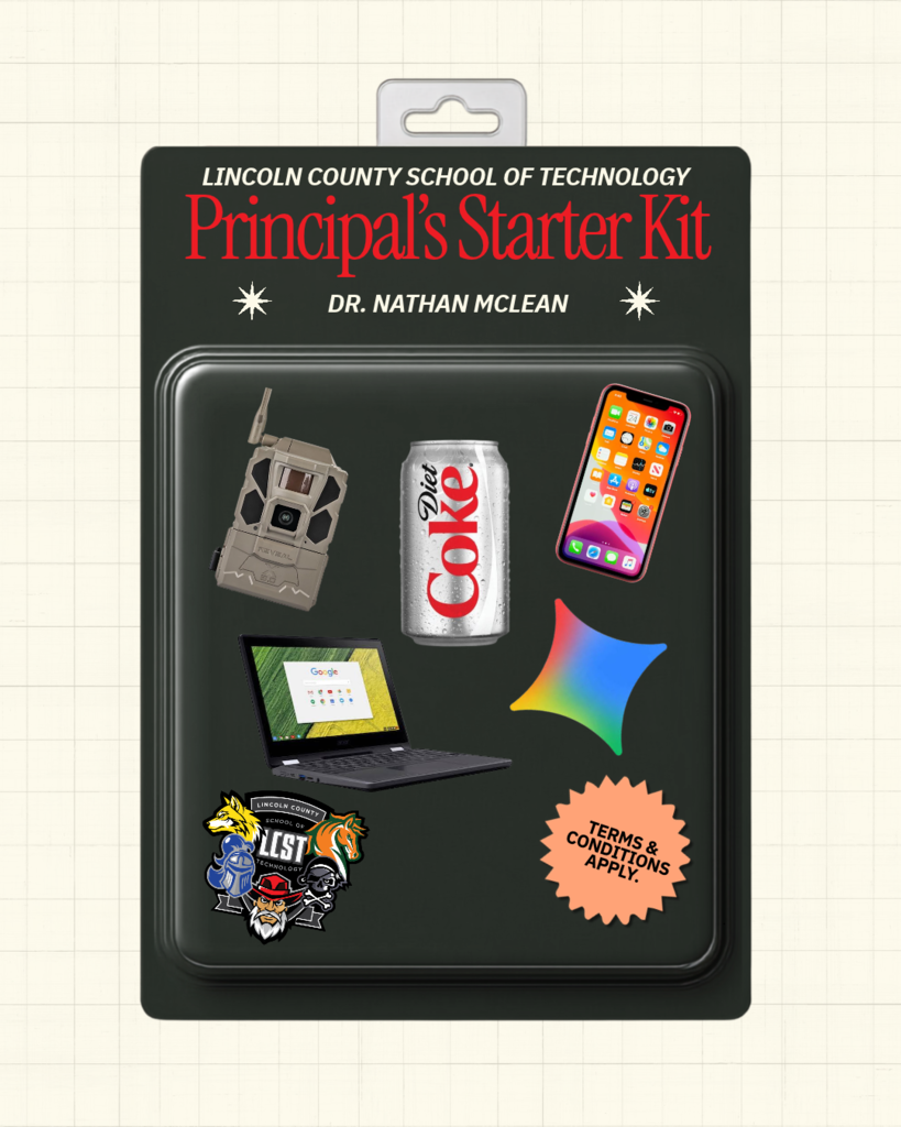 Starter kit for Principal Dr. Nathan McLean, includes stickers of laptop, soda, phone, game, and other items.