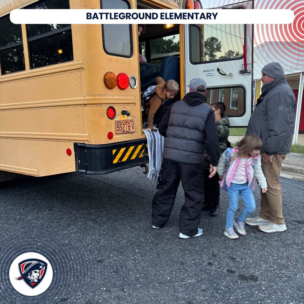 Adults and children boarding a yellow school bus. Logo in bottom left corner.