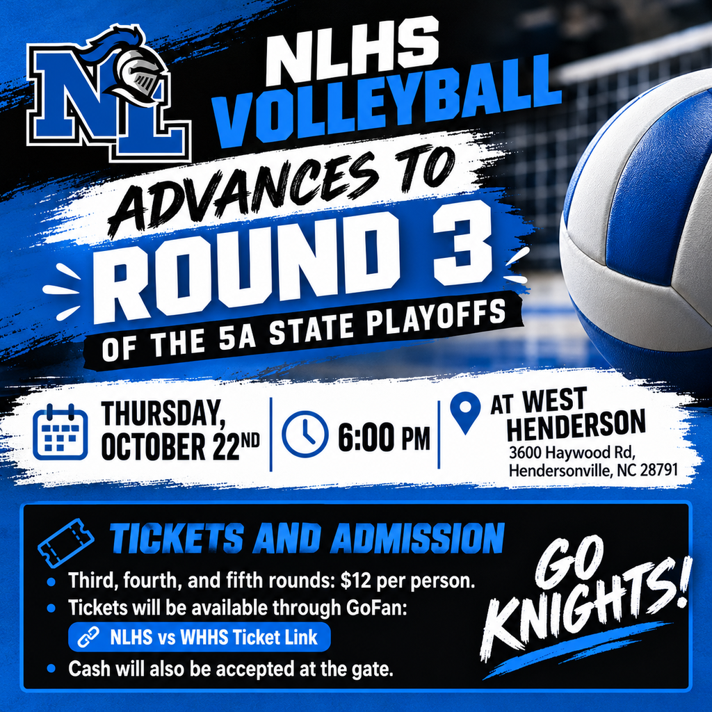 Blue and white advertisement for NLHS volleyball team with a ball, text reads "NLHS Volleyball Advances to Round 3 of the SA State Playoffs"