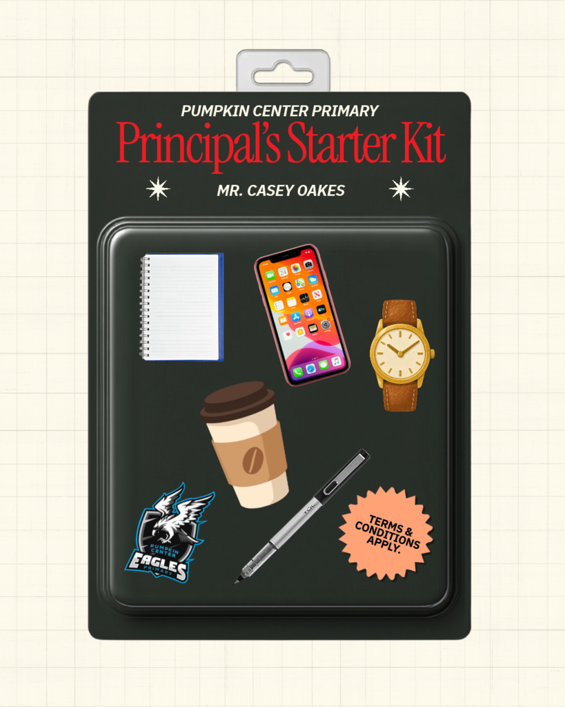 Black package for Pumpkin Center Primary's Principal's Starter Kit. Items include a notebook, phone, watch, pen, cup of coffee, and a sticker.