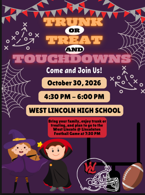 Purple poster with text, spiders, and webs. Three children in costumes. Football helmet and ball.