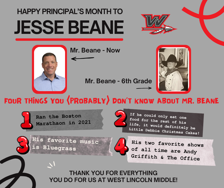 An image features two photos of a man, labeled as Mr. Beane, one from the present and another from sixth grade.