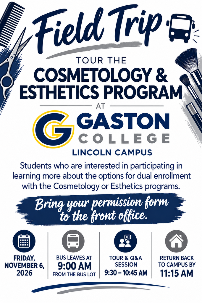 An announcement poster with bus and calendar icons. It says Field Trip Tour The Cosmetology & Esthetics Program.
