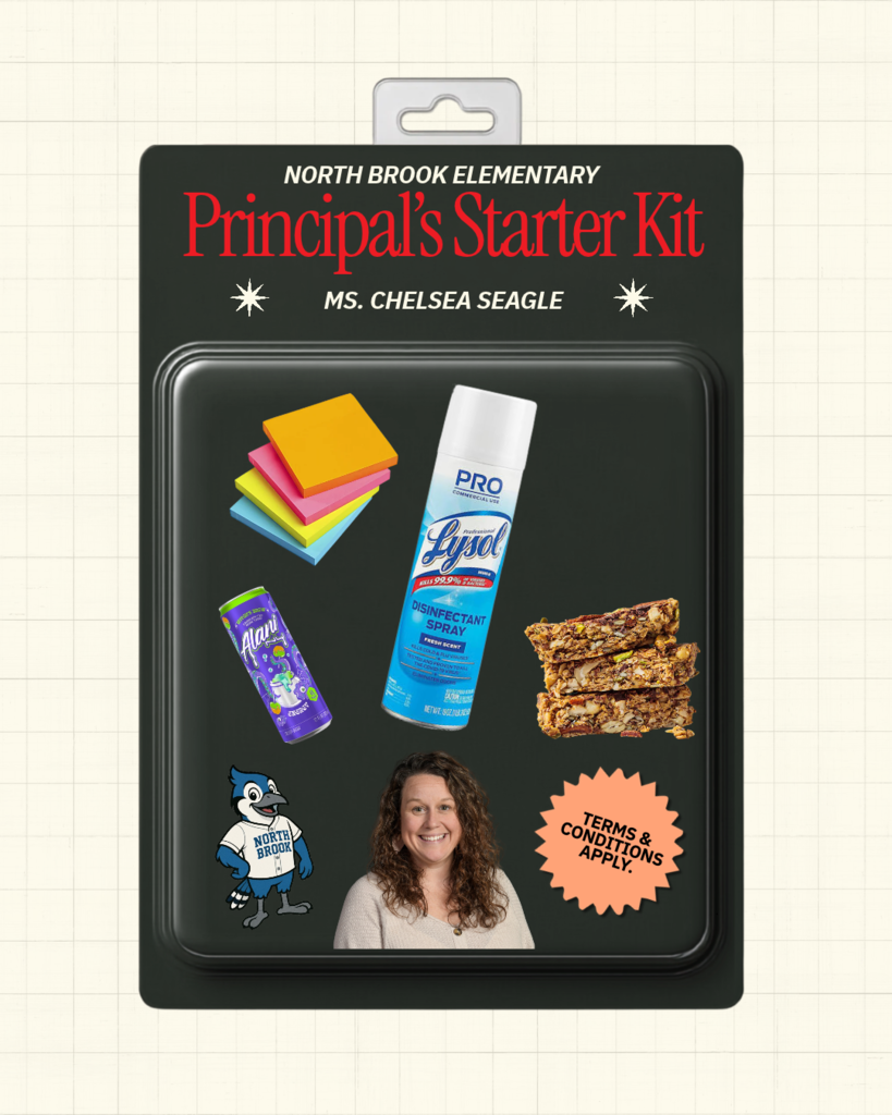 Items in a clear plastic case include a box, sponges, a bottle of cleaning spray, a bar of granola, and a logo.