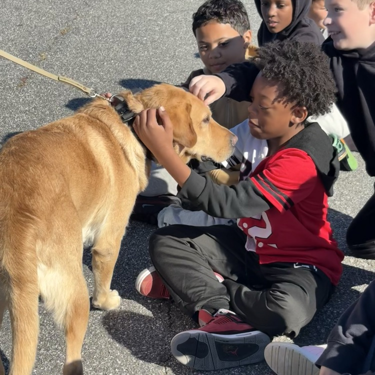 Children sit outdoors near a large dog; one child pets dog. Dog wears collar and leash.