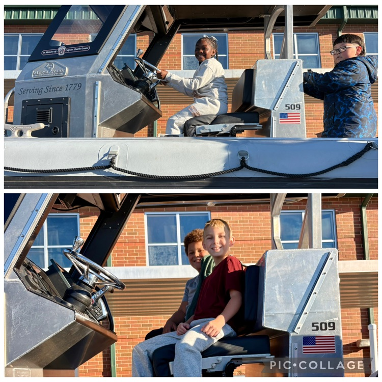 Two collage photos. Left: child in white jacket steers vehicle. Right: two kids sit with one smiling. Both scenes in front of building.