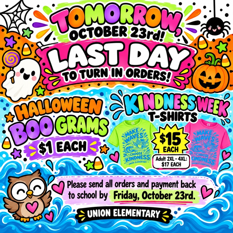 Colorful Halloween-themed poster with text, pumpkins, candy, and a ghost. Owls, hearts, and a spider.