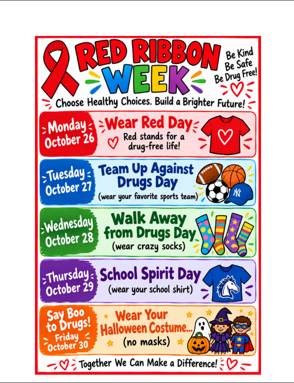 Poster with red ribbon logo. Schedule of activities. Days are labeled. Each day has a suggested activity and suggested clothing.