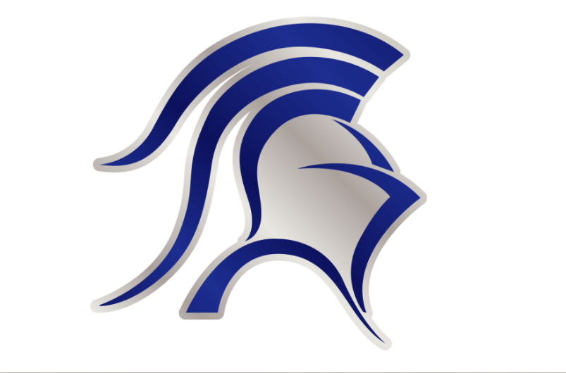 Blue and white design of a helmet with long flowing lines against a white background.