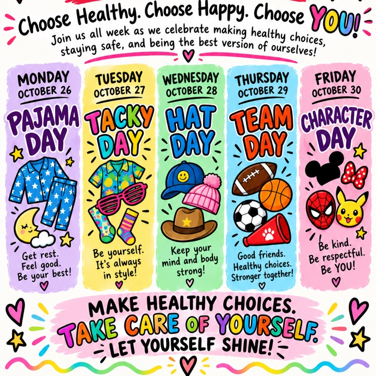 Poster with days of the week listed on a colorful background. Each day has a different theme and cartoon images.