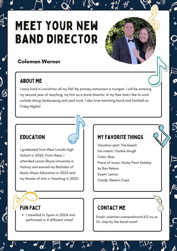 white and black text meet the band director